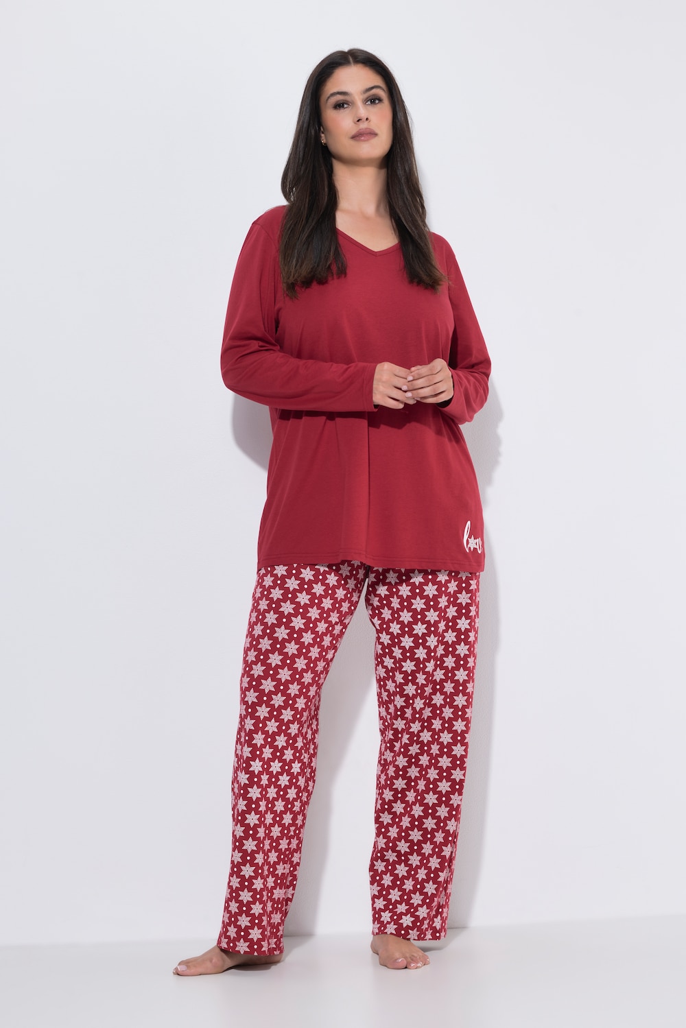 Pyjama, Schneeflocken, V-Ausschnitt, Langarm