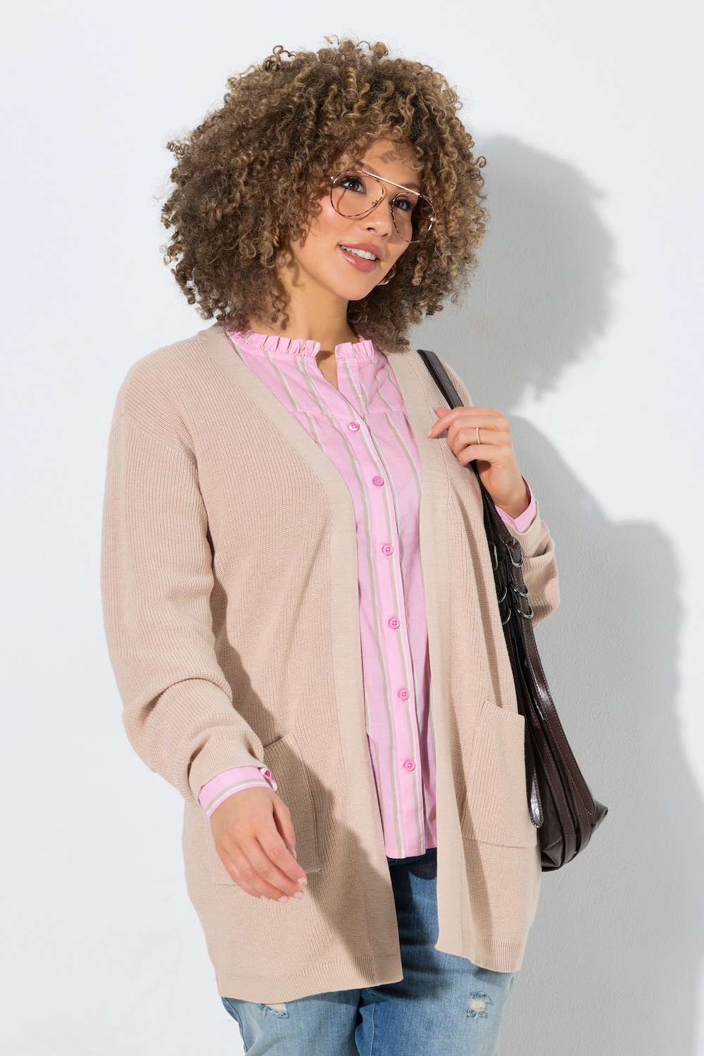 Strickjacke, Rippstrick, offene Form, Langarm