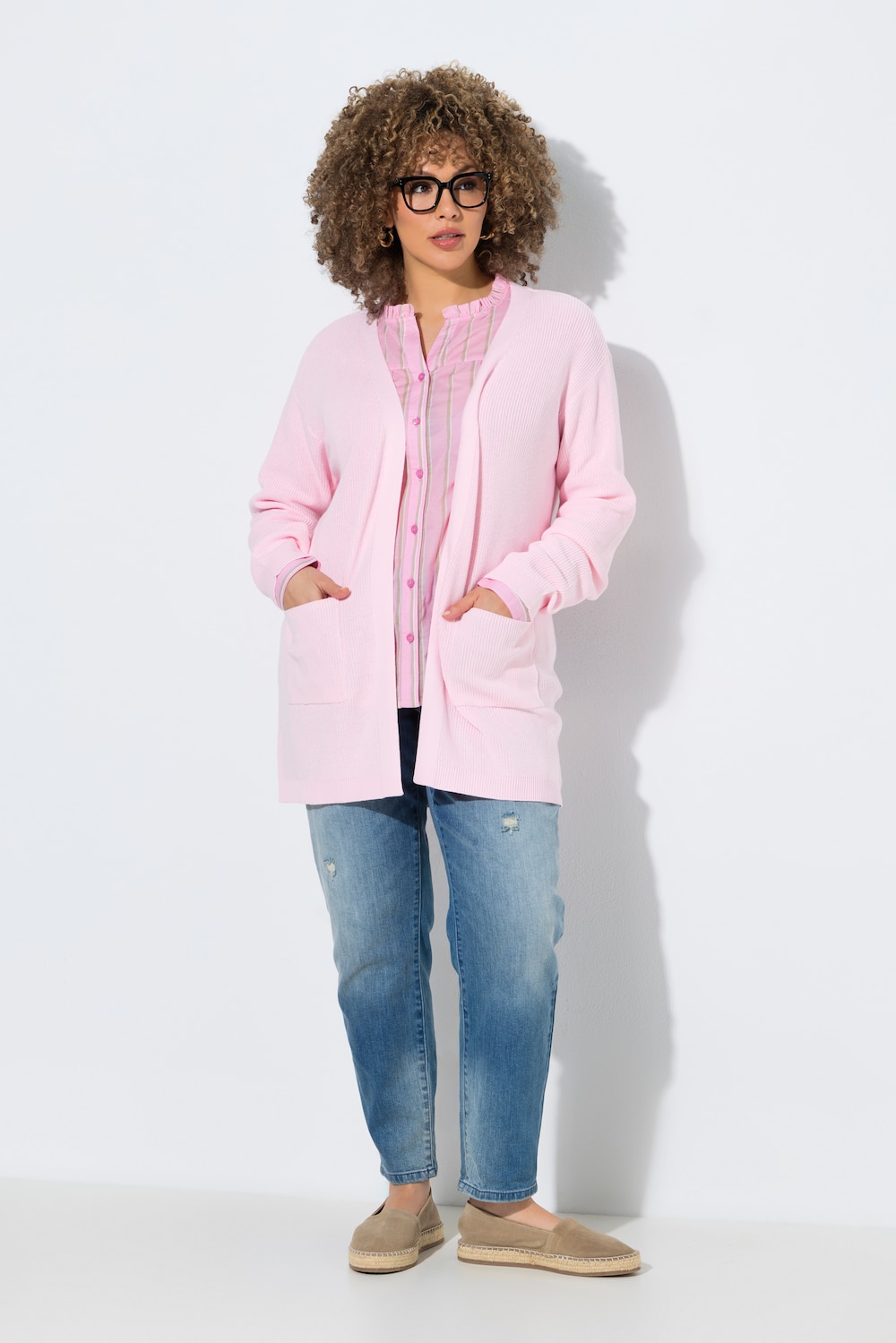 Strickjacke, Rippstrick, offene Form, Langarm