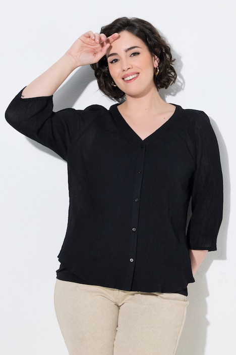 Bluse, A-Linie, geraffter V-Ausschnitt, 3/4-Arm