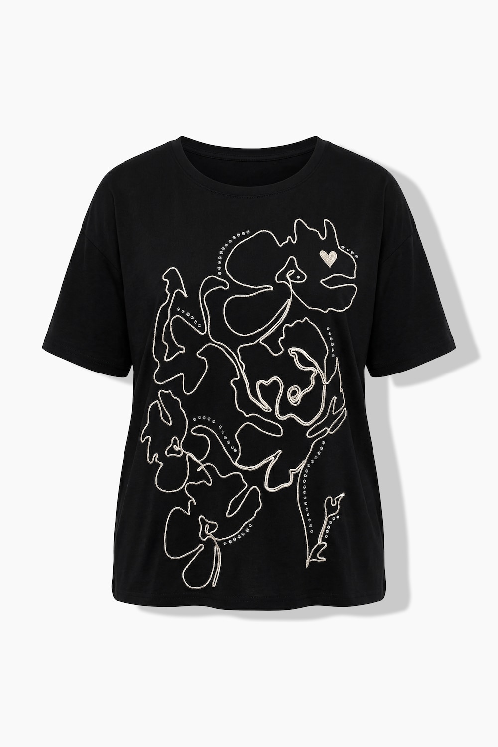 Stora storlekar T-shirt i oversize-modell med snörbroderi, Dam, svart, storlek: 46/48, Bomull, Ulla Popken