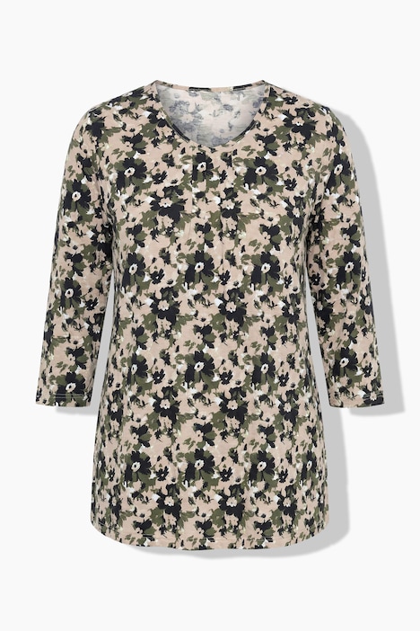 Shirt, Blüten, Zierfalten, A-Linie, V-Ausschnitt, 3/4-Arm