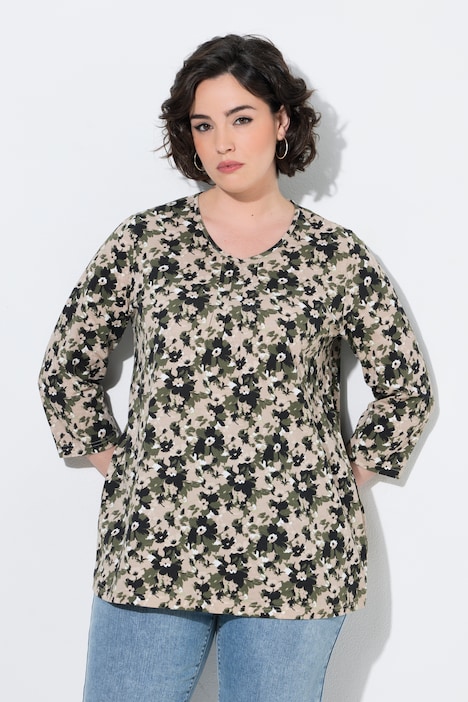 Shirt, Blüten, Zierfalten, A-Linie, V-Ausschnitt, 3/4-Arm
