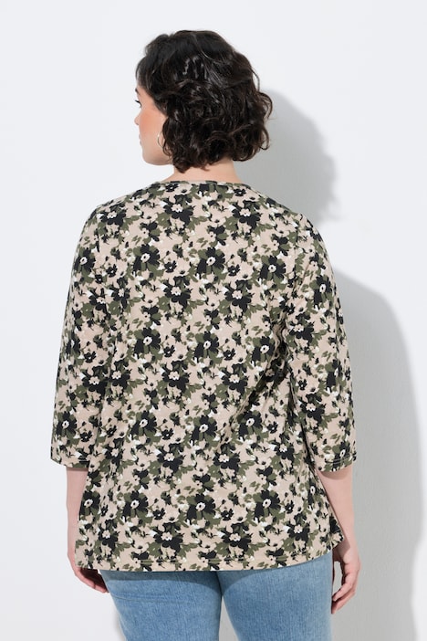 Shirt, Blüten, Zierfalten, A-Linie, V-Ausschnitt, 3/4-Arm