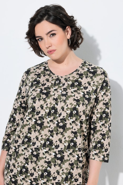 Shirt, Blüten, Zierfalten, A-Linie, V-Ausschnitt, 3/4-Arm