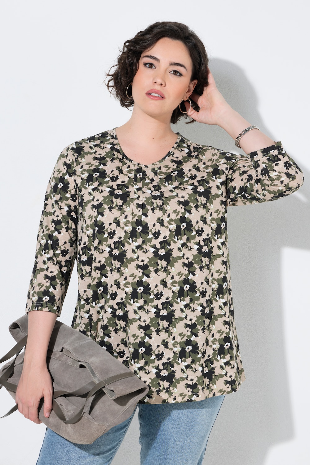 Shirt, Blüten, Zierfalten, A-Linie, V-Ausschnitt, 3/4-Arm