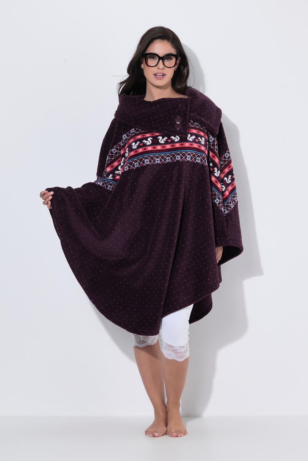 Homewear-Poncho, Plüsch, Norwegermuster, Kragen