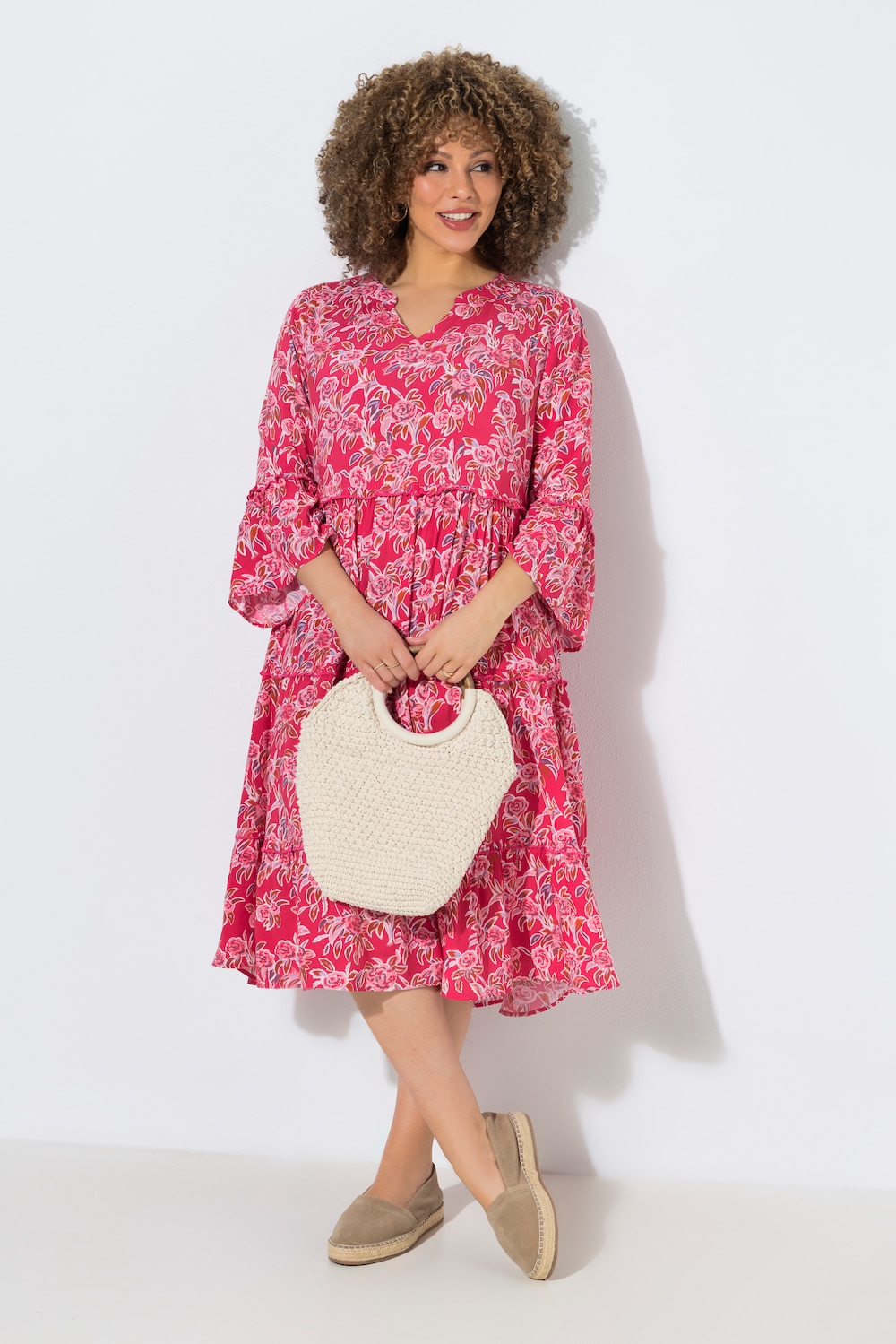 Kaftan-Kleid, Volants, Tunika-Ausschnitt, 3/4-Arm