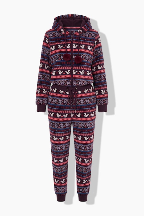 Homewear-Overall, Norwegermuster, Kapuze, Langarm