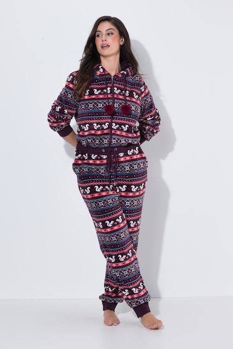 Homewear-Overall, Norwegermuster, Kapuze, Langarm