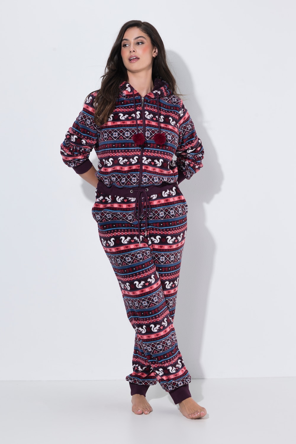 Homewear-Overall, Norwegermuster, Kapuze, Langarm