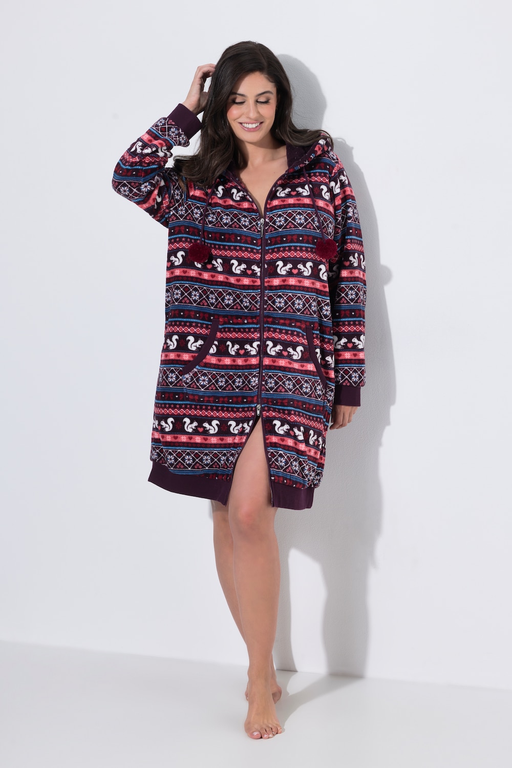 Homewear-Bademantel, Plüsch, Norwegermuster, Langarm