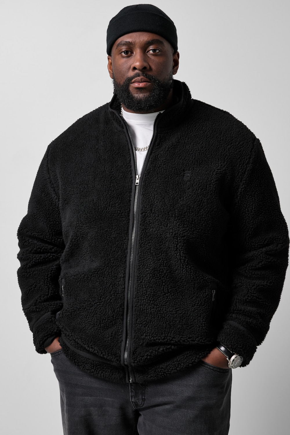 Teddyjacke, lässige Passform, Stehkragen, Saum-Tunnelzug, bis 8 XL
