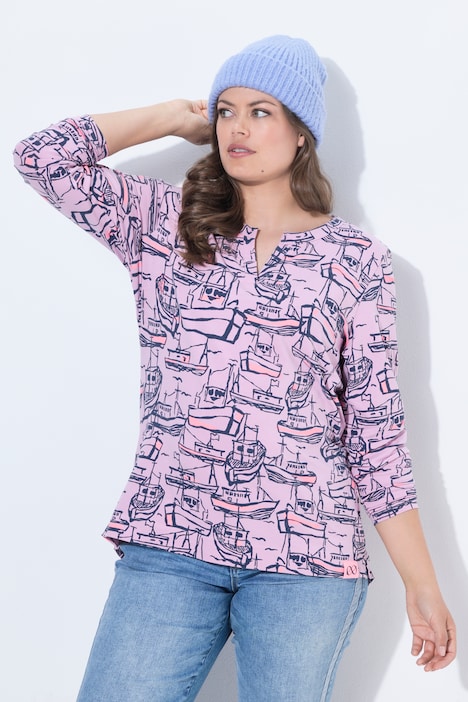 Boat Print Split Neck Long Sleeve Tee