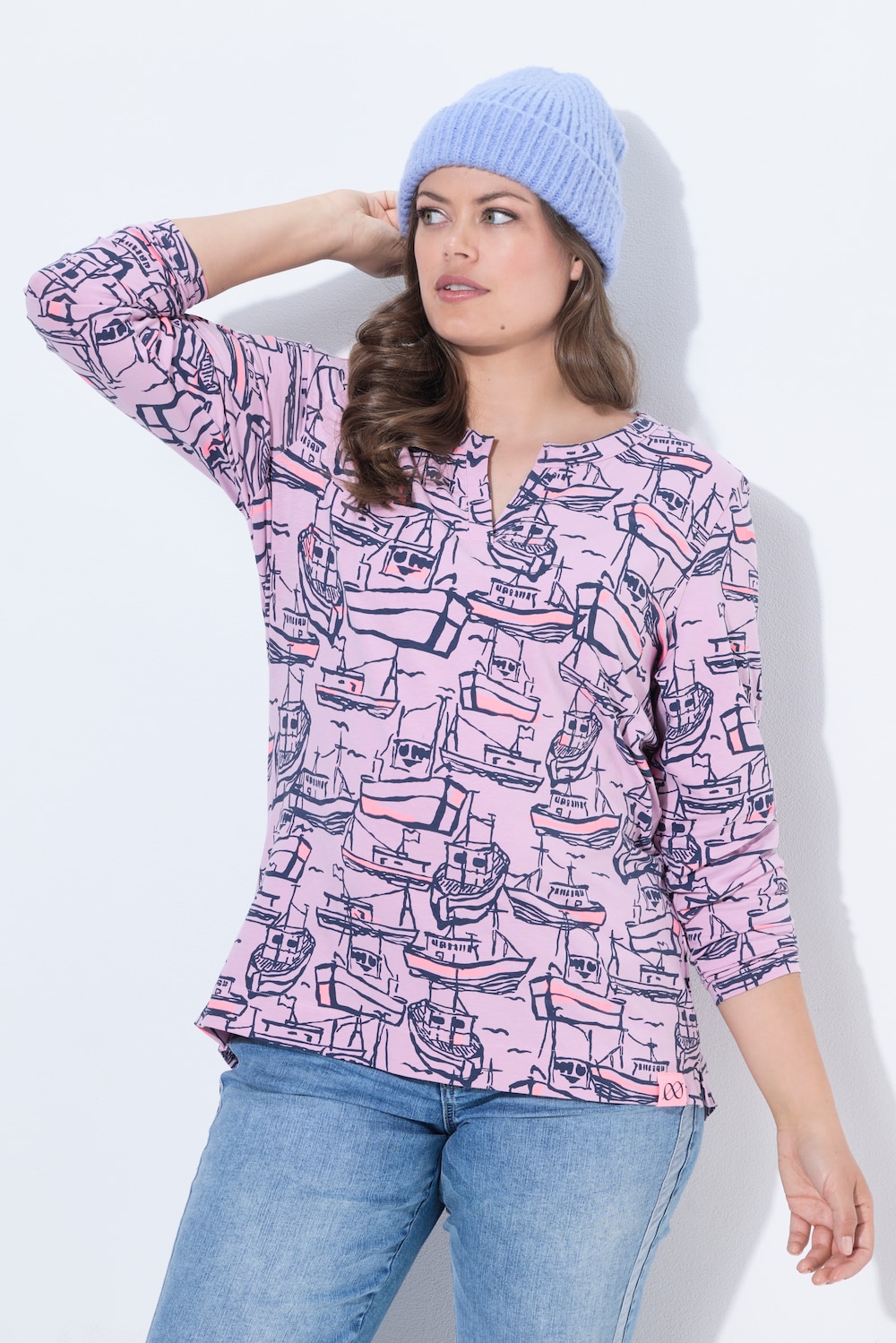 Shirt, Langarm, V-Ausschnitt, Print, OEKO-TEX