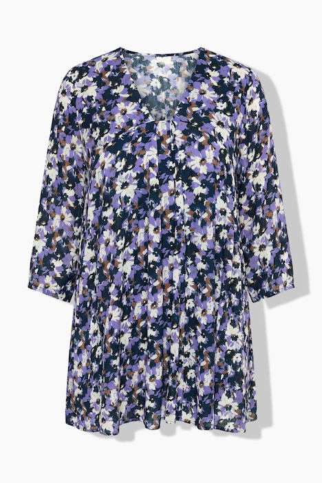 Bluse, Blüten, Godetfalten, A-Linie, V-Ausschnitt, 3/4-Arm