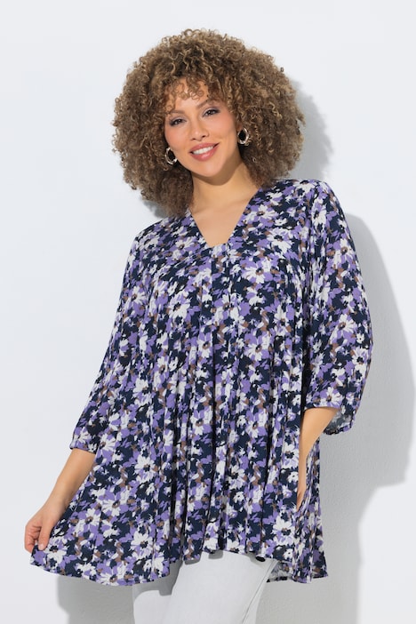Bluse, Blüten, Godetfalten, A-Linie, V-Ausschnitt, 3/4-Arm