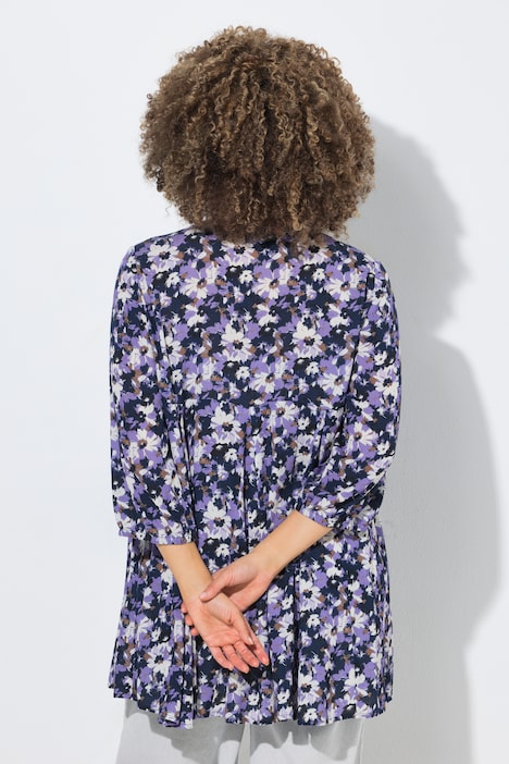 Bluse, Blüten, Godetfalten, A-Linie, V-Ausschnitt, 3/4-Arm