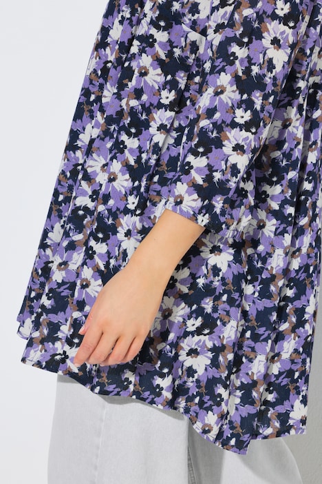 Bluse, Blüten, Godetfalten, A-Linie, V-Ausschnitt, 3/4-Arm