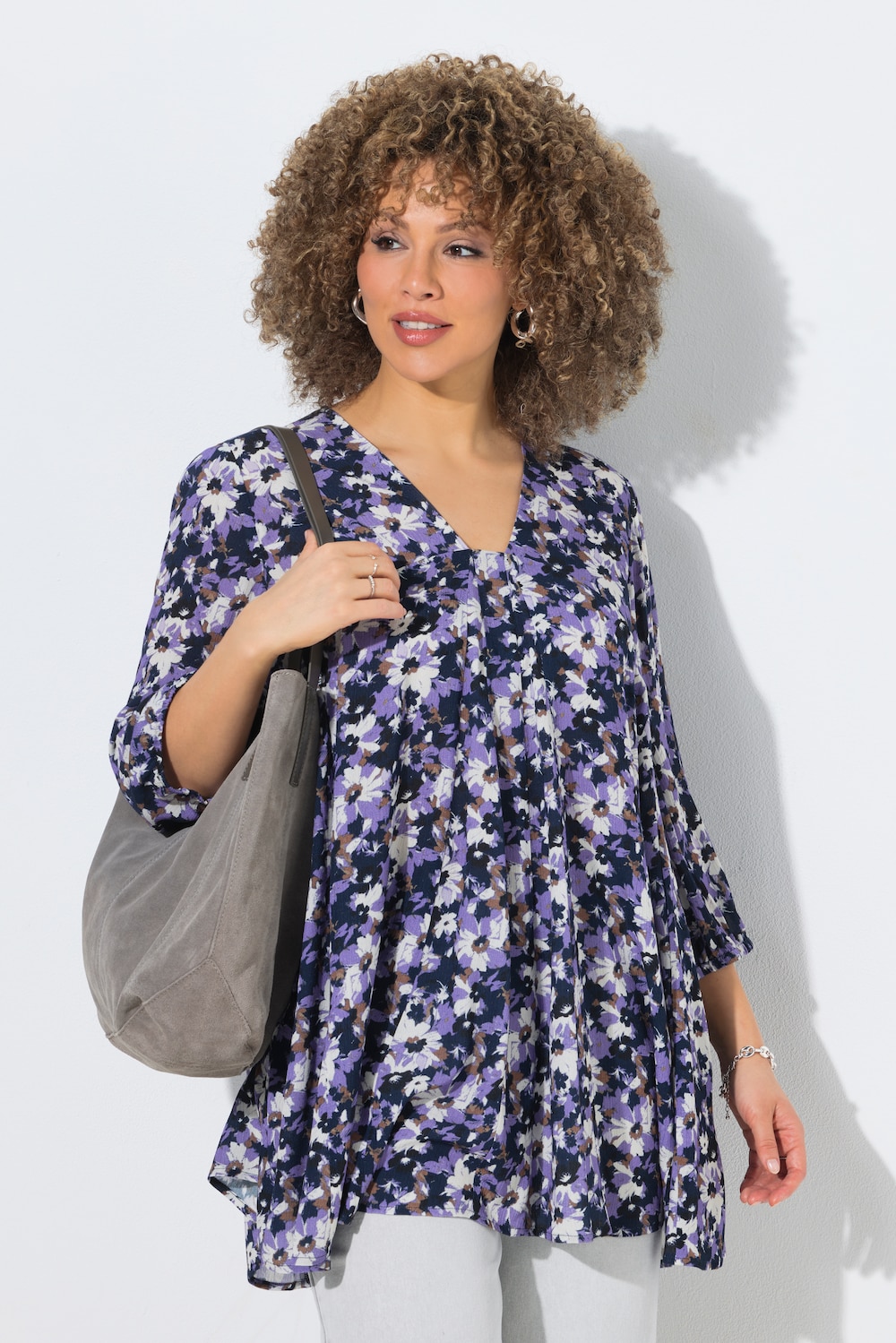 Bluse, Blüten, Godetfalten, A-Linie, V-Ausschnitt, 3/4-Arm