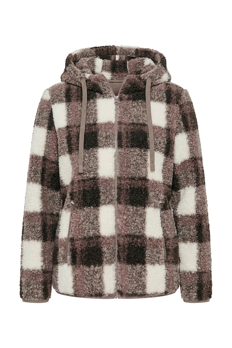 Dlouhá bunda Teddy, kostkovaná, kapuce, dlouhé rukávy