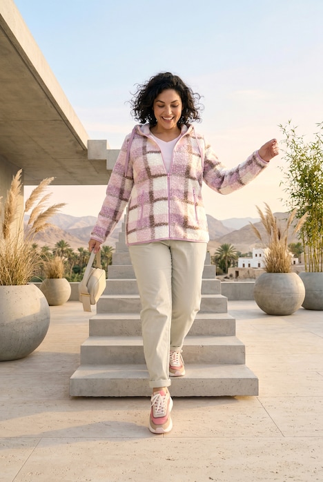 Veste longue en polaire bouclée, motif à carreaux, capuche et manches longues