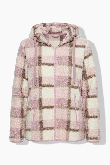 Veste longue en polaire bouclée, motif à carreaux, capuche et manches longues