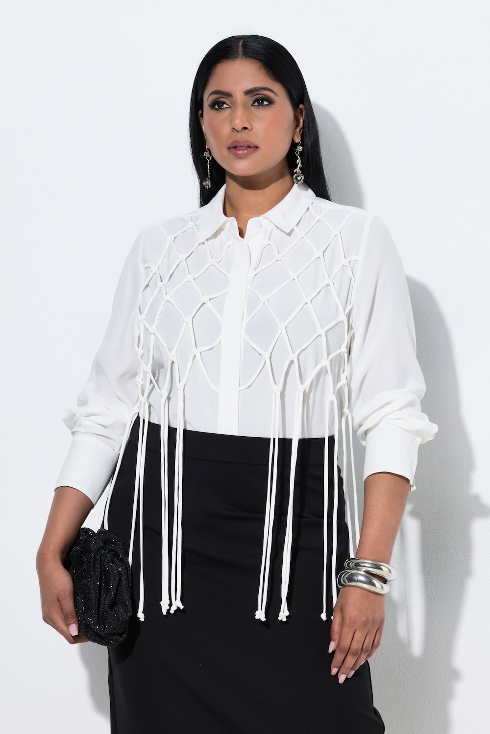 Blouse, mesh-dessin, franjes, overhemdkraag, lange mouwen
