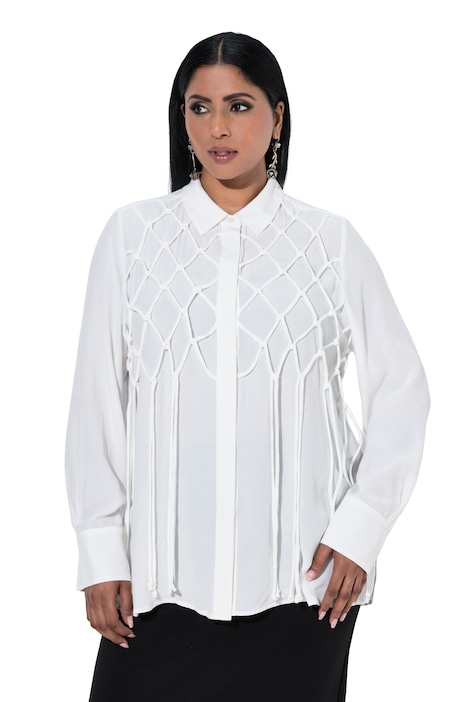 Halenka, síťovaný design, třásně, košilový límec, dlouhé rukávy