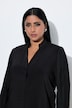 Cupro-blouse, franjes op de schouders, opstaande kraag, lange mouwen
