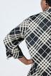Satinbluse, Karo, A-Linie, Kelchkragen, 3/4-Arm