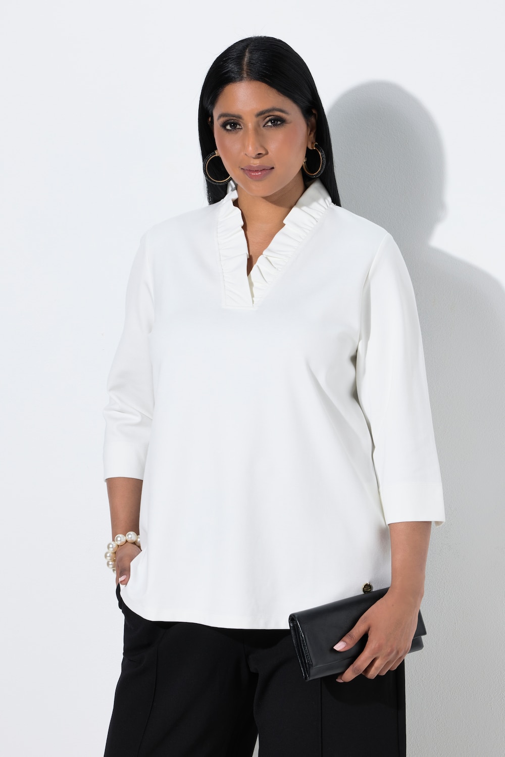 Shirt, Rüsche, Classic, V-Ausschnitt, 3/4-Arm