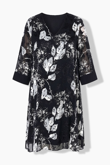 Ausbrenner-Kleid, Seidenmix, V-Ausschnitt, 3/4-Arm