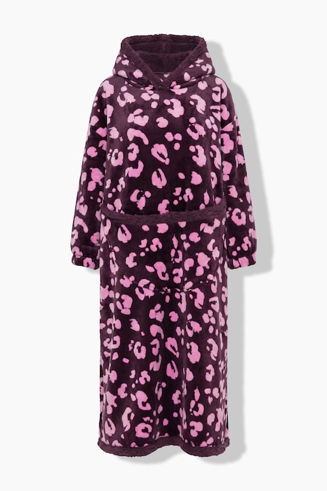 Loungewear-Poncho, Plüsch, Leomuster, Kapuze