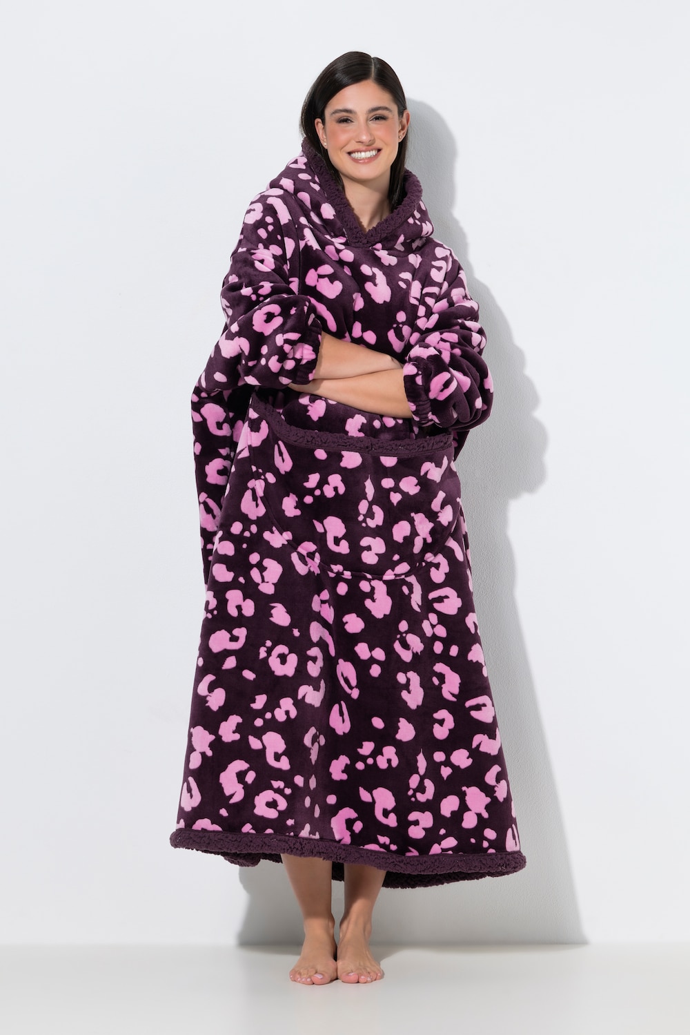 Loungewear-Poncho, Plüsch, Leomuster, Kapuze