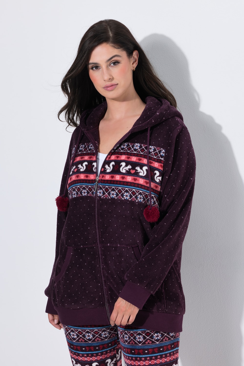 Homewear-Jacke, Plüsch, Norwegermuster, Kapuze