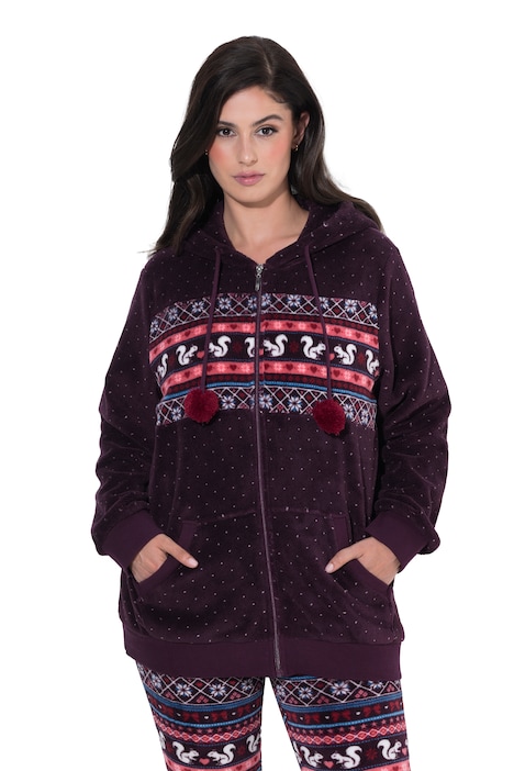 Homewear-Jacke, Plüsch, Norwegermuster, Kapuze