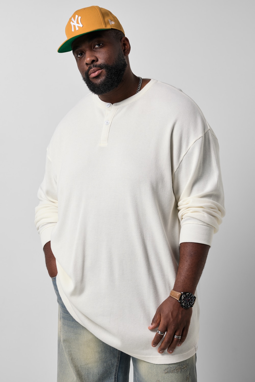 Henley, Langarm, Waffelpiqué, Knopfleiste, bis 8 XL