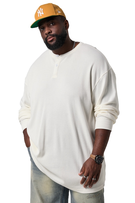 Henley top, dlouhé rukávy, vaflové piké, zapínání na knoflíky, do 8XL