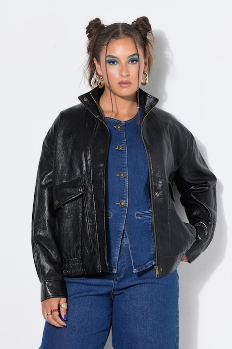 Fake-Lederjacke, oversized, Zipper, elastischer Saum