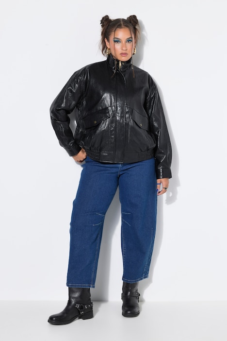 Fake-Lederjacke, oversized, Zipper, elastischer Saum