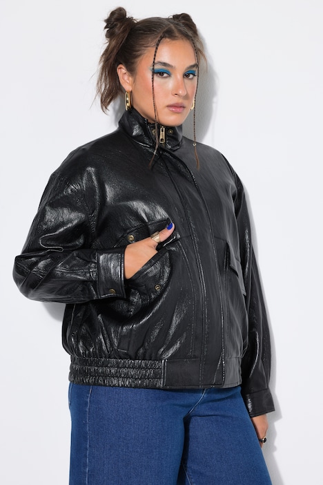 Fake-Lederjacke, oversized, Zipper, elastischer Saum