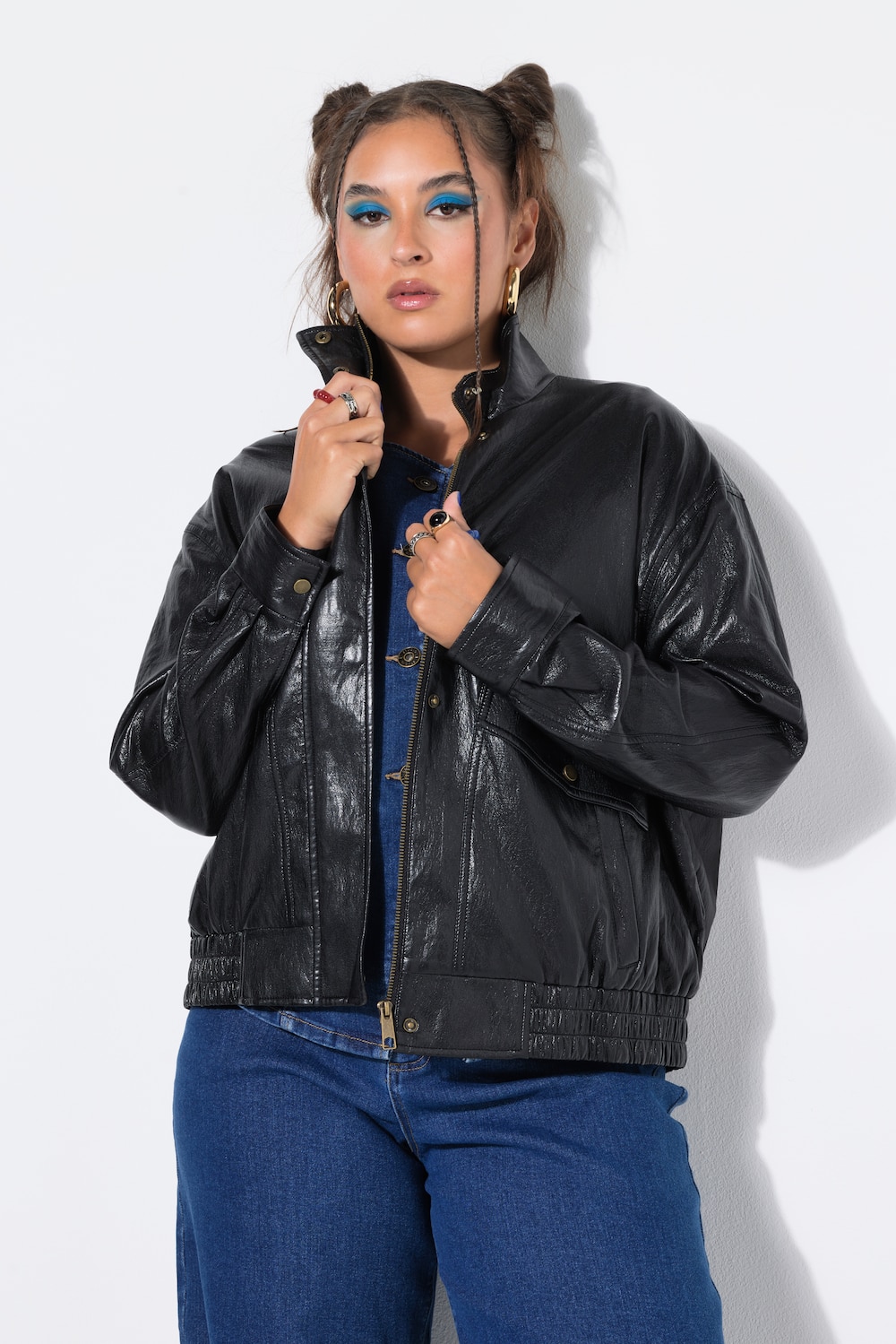 Fake-Lederjacke, oversized, Zipper, elastischer Saum