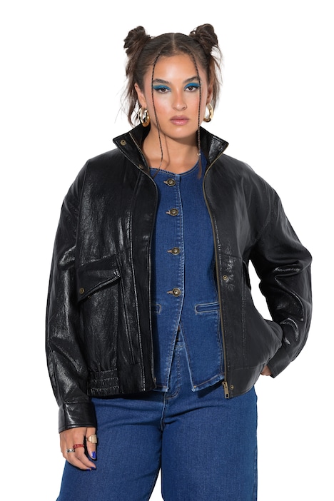Fake-Lederjacke, oversized, Zipper, elastischer Saum