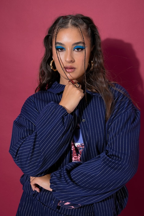 Nadelstreifen-Blouson, oversized, Hemdkragen, Ballonärmel