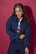 Nadelstreifen-Blouson, oversized, Hemdkragen, Ballonärmel