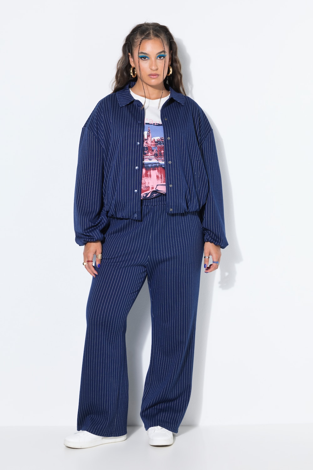 Nadelstreifen-Blouson, oversized, Hemdkragen, Ballonärmel
