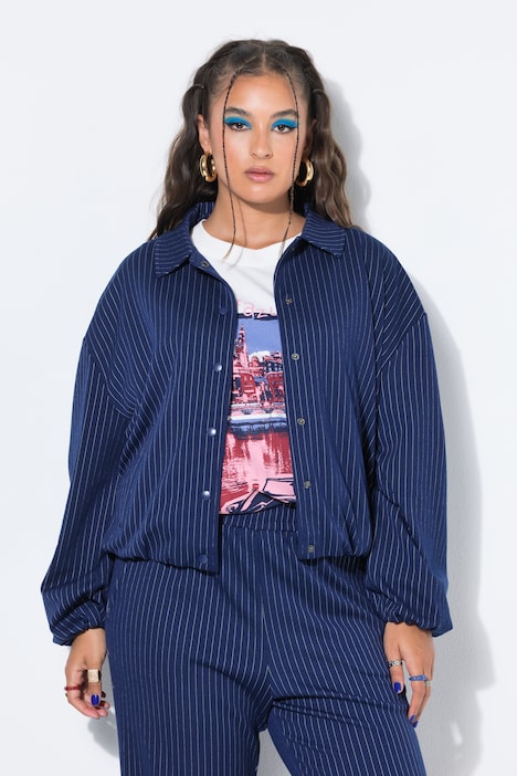 Nadelstreifen-Blouson, oversized, Hemdkragen, Ballonärmel