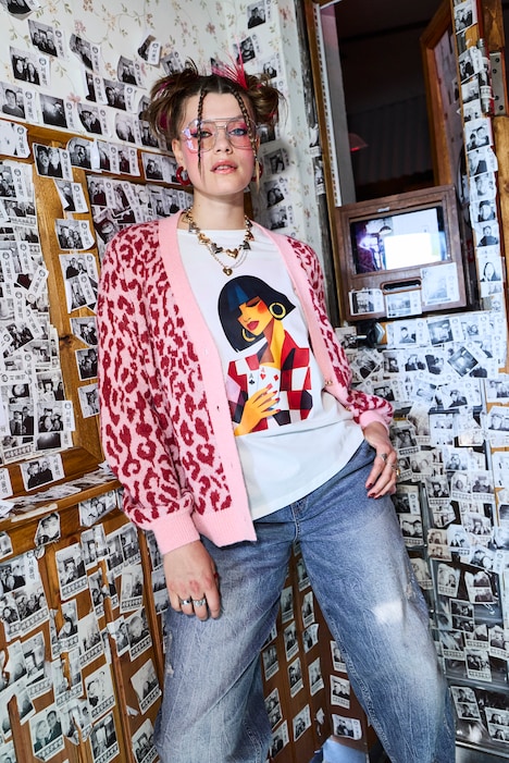 Strikkejakke, oversized, leopardmønster, hjerteknapper