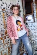 Strikkejakke, oversized, leopardmønster, hjerteknapper